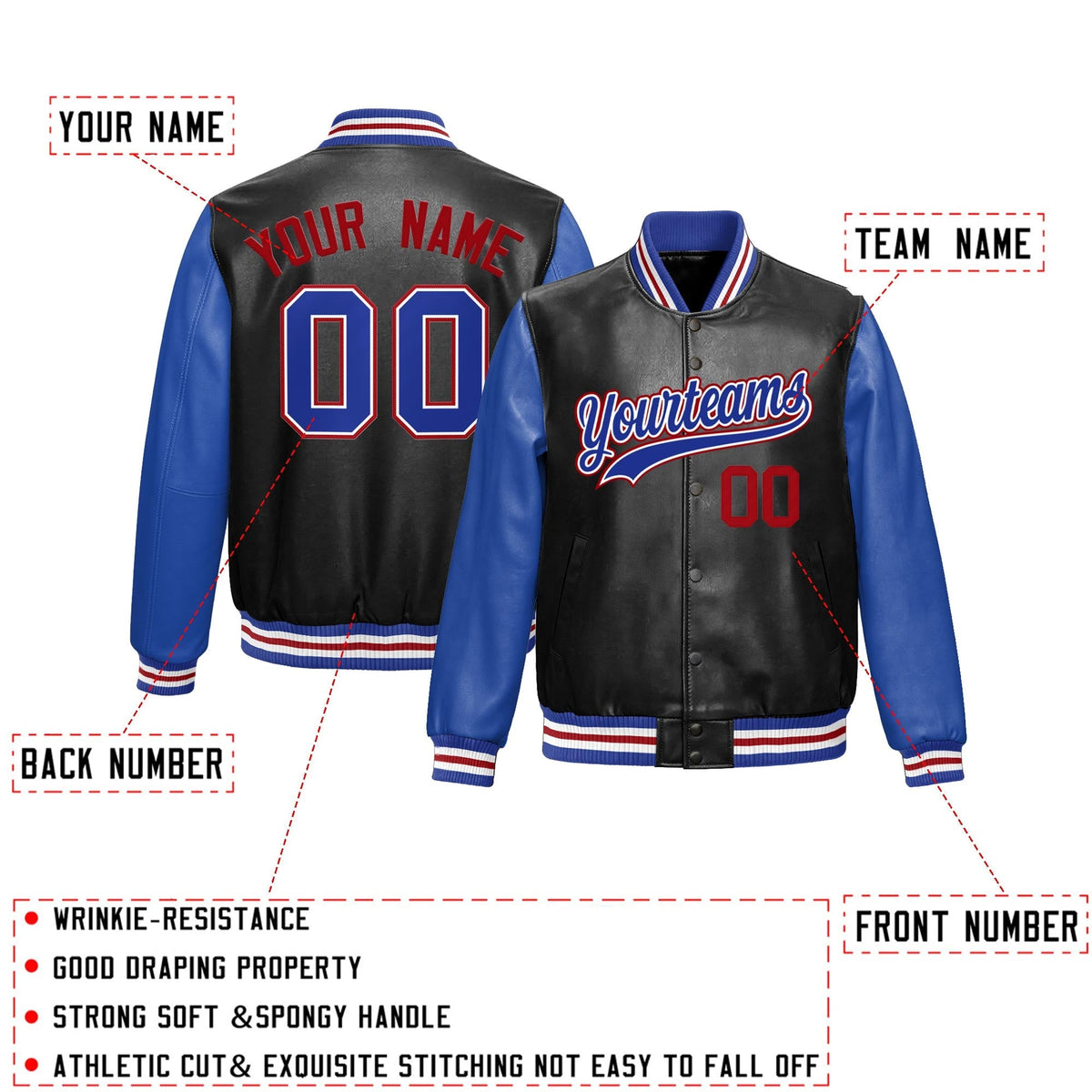 Custom Black Royal Blue Red Raglan Sleeves Full-Snap Varsity Faux Leather Letterman Jacket