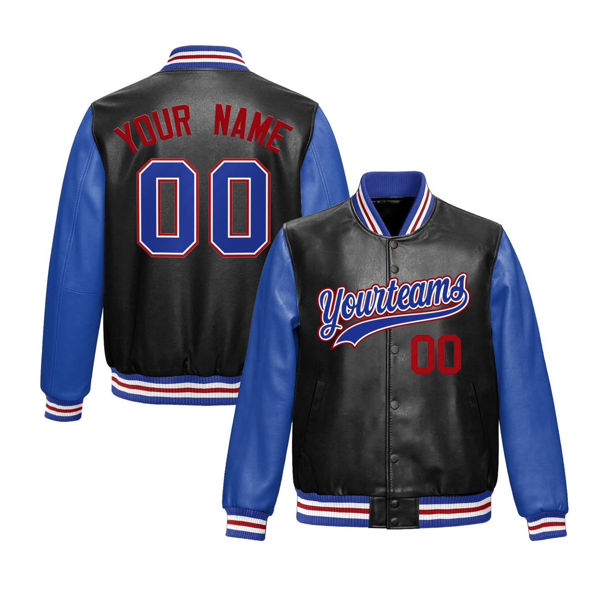 Custom Black Royal Blue Red Raglan Sleeves Full-Snap Varsity Faux Leather Letterman Jacket