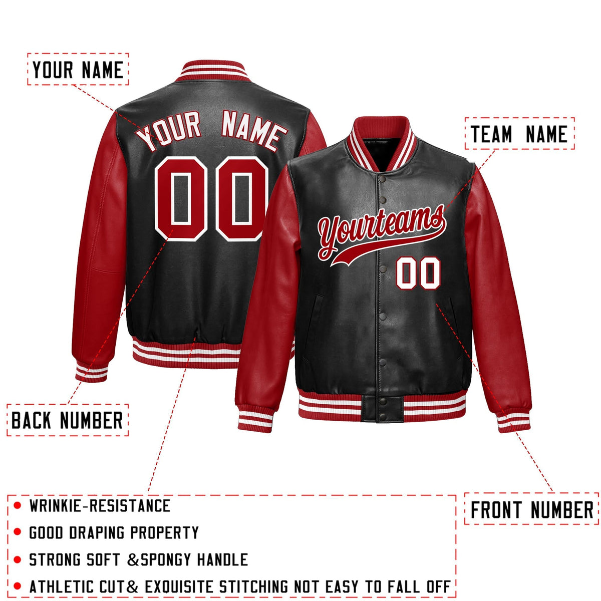 Custom Black Red White Raglan Sleeves Full-Snap Varsity Faux Leather Letterman Jacket