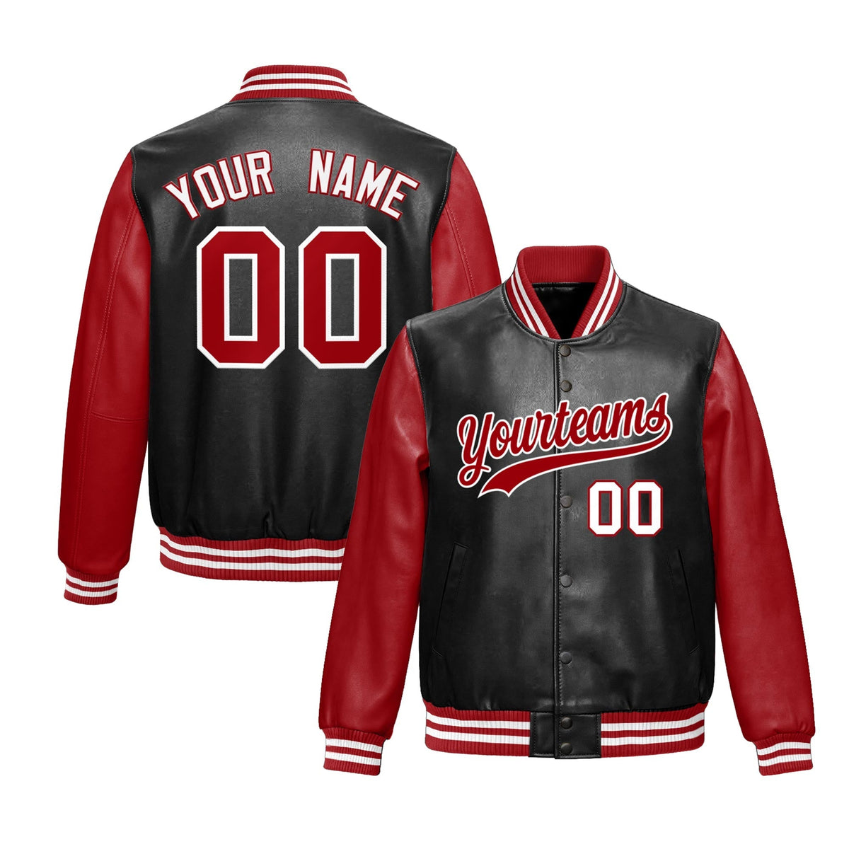 Custom Black Red White Raglan Sleeves Full-Snap Varsity Faux Leather Letterman Jacket
