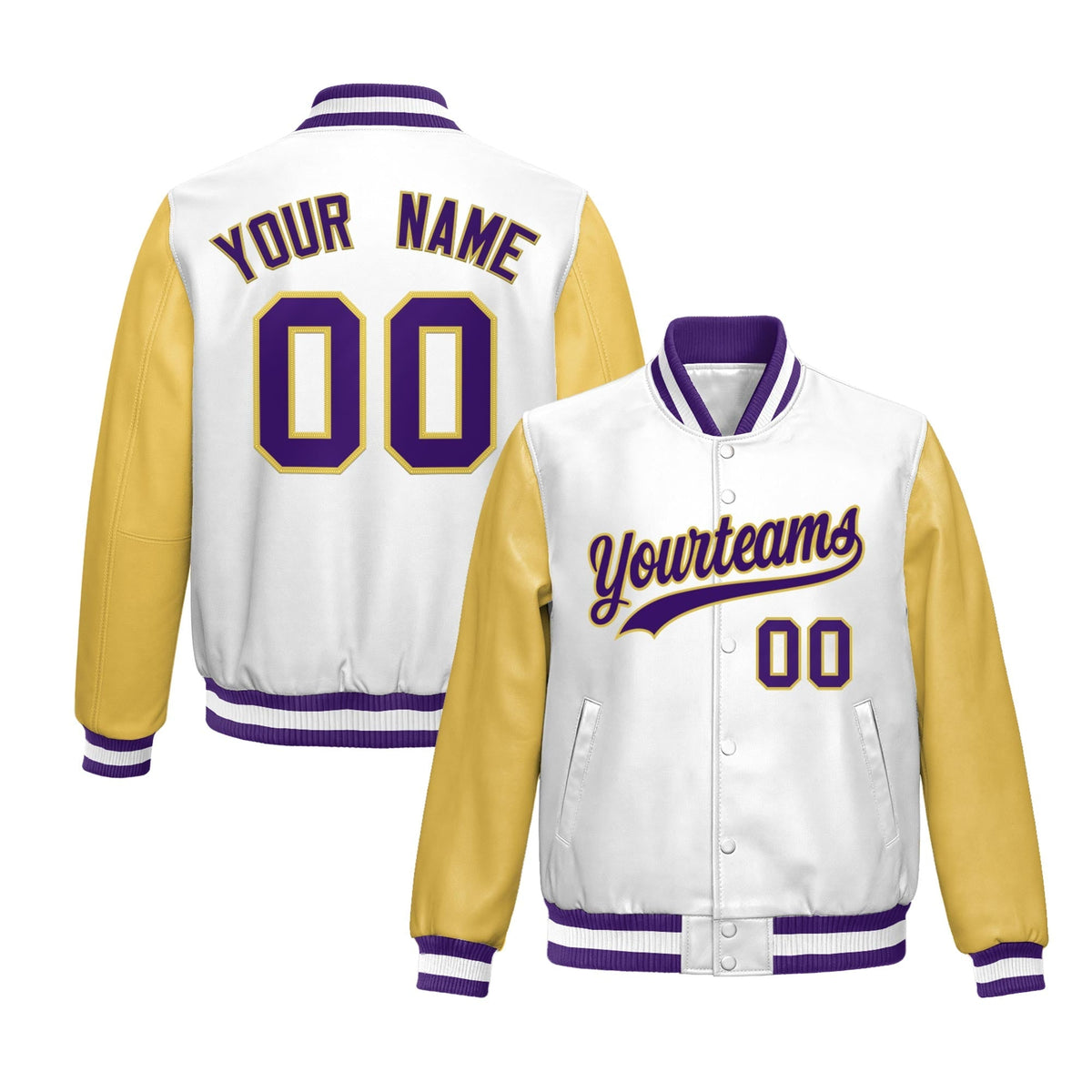 Custom White Khaki Raglan Sleeves Full-Snap Varsity Faux Leather Letterman Jacket