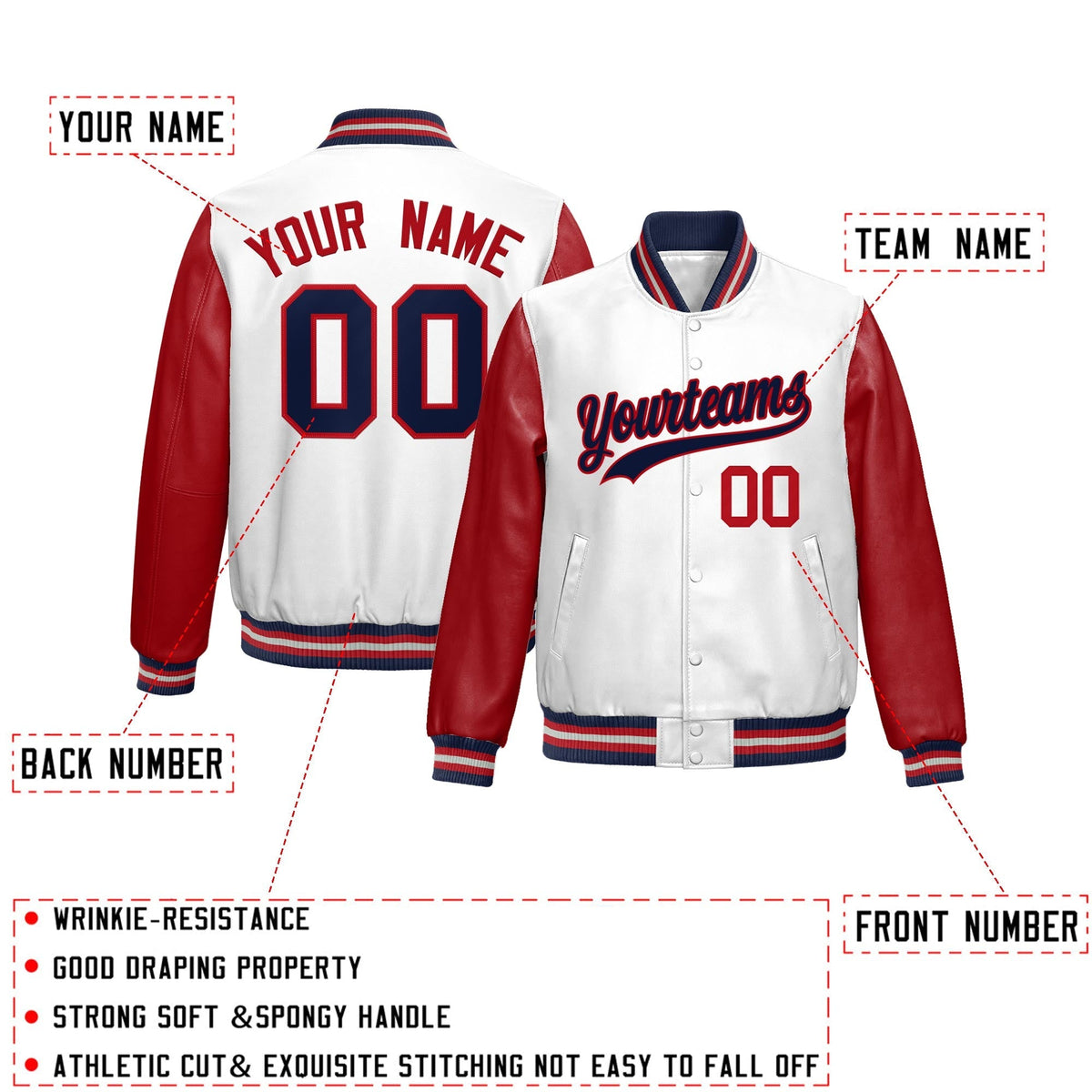 Custom White Red Navy Raglan Sleeves Full-Snap Varsity Faux Leather Letterman Jacket