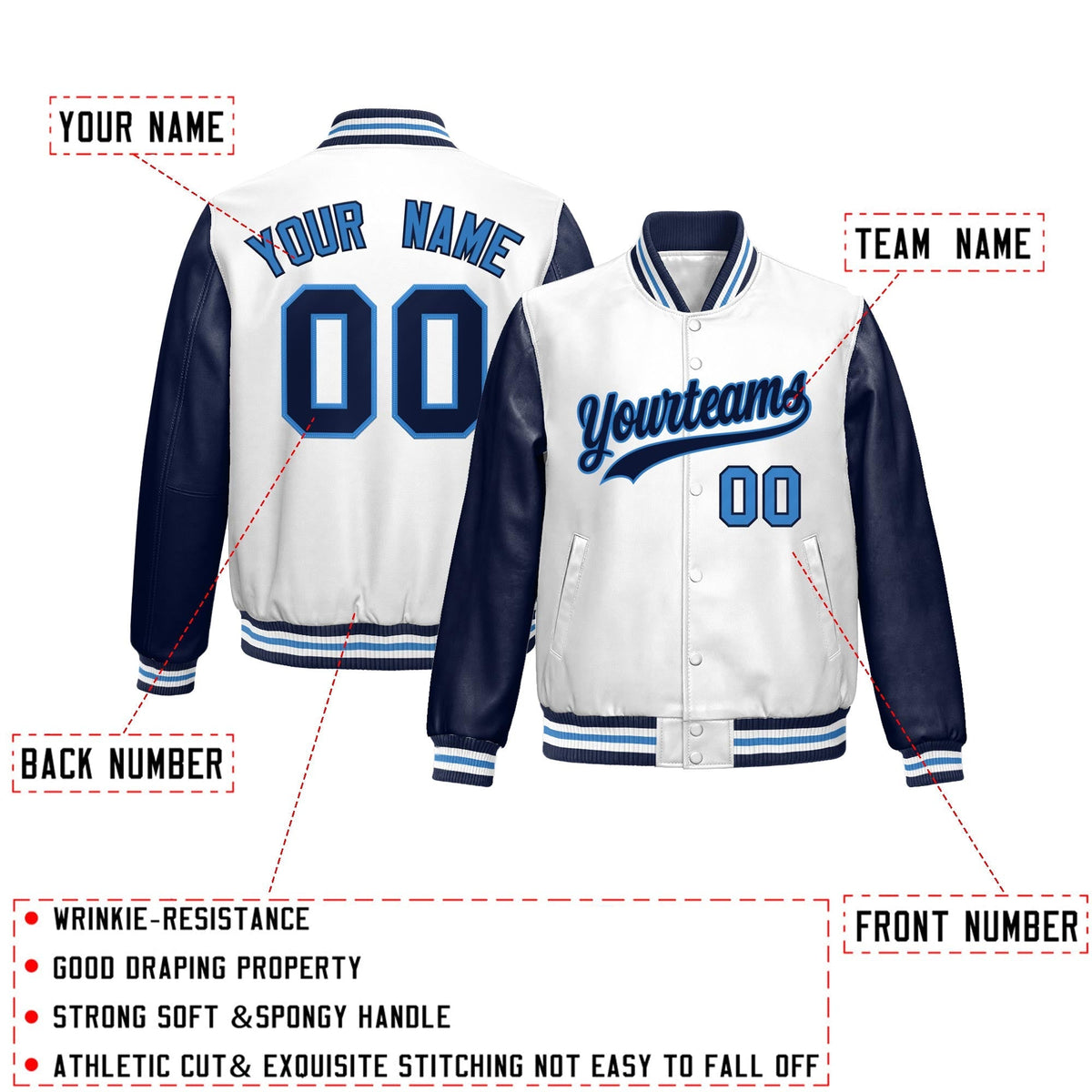 Custom White Navy Raglan Sleeves Full-Snap Varsity Faux Leather Letterman Jacket