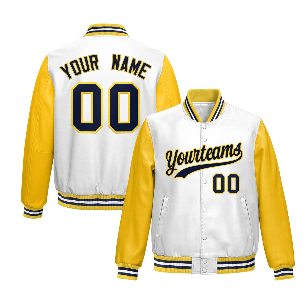 Custom White Yellow Raglan Sleeves Full-Snap Varsity Faux Leather Letterman Jacket