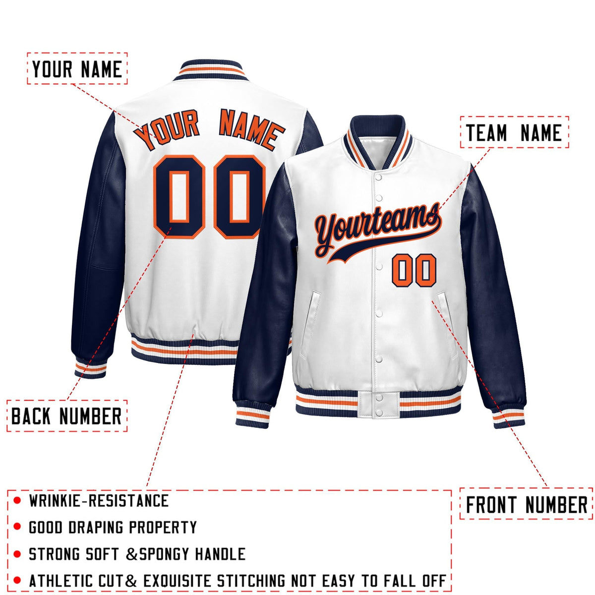 Custom White Navy Raglan Sleeves Full-Snap Varsity Faux Leather Letterman Jacket