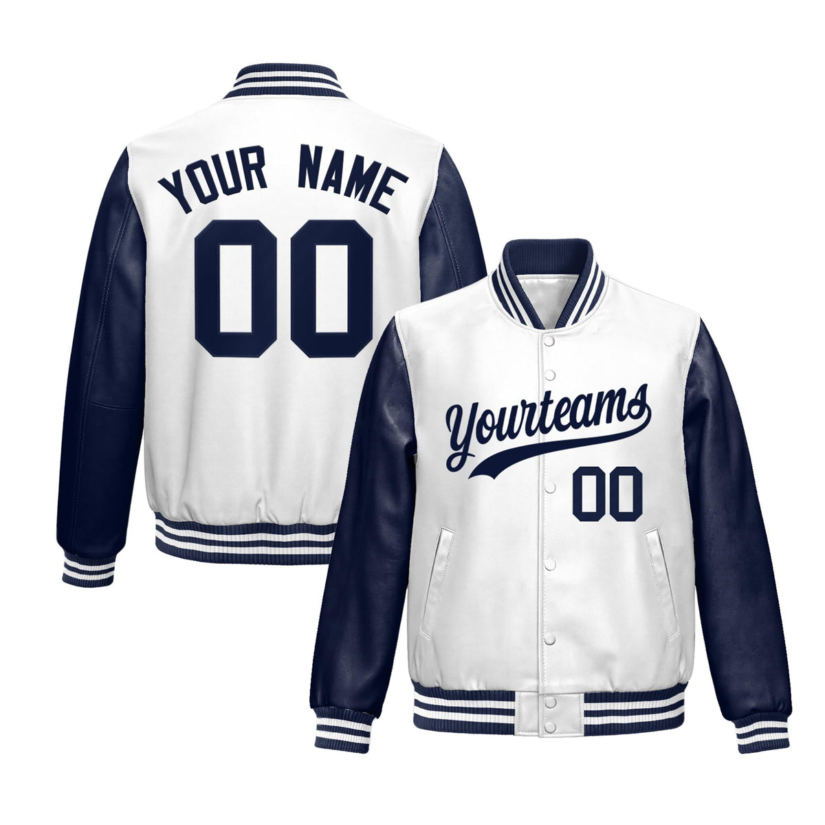 Custom Navy White Raglan Sleeves Full-Snap Varsity Faux Leather Letterman Jacket