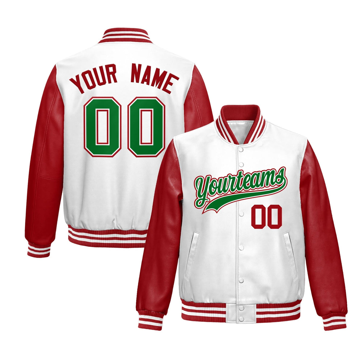 Custom White Red Raglan Sleeves Full-Snap Varsity Faux Leather Letterman Jacket