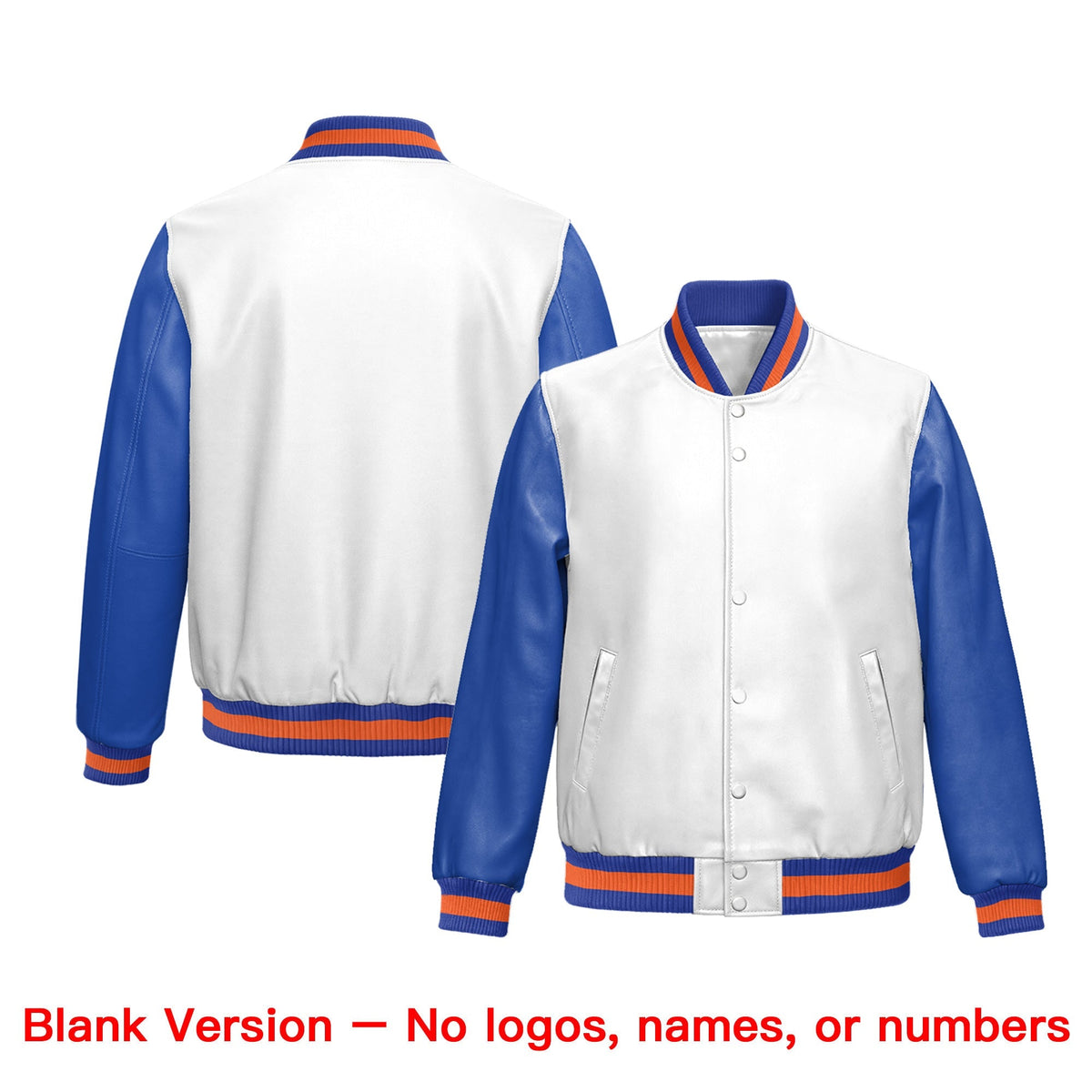 Custom White Royal Blue Raglan Sleeves Full-Snap Varsity Faux Leather Letterman Jacket