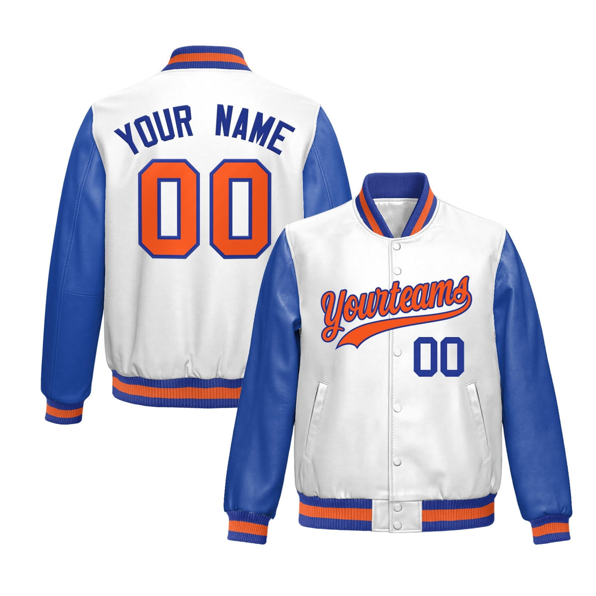 Custom White Royal Blue Raglan Sleeves Full-Snap Varsity Faux Leather Letterman Jacket