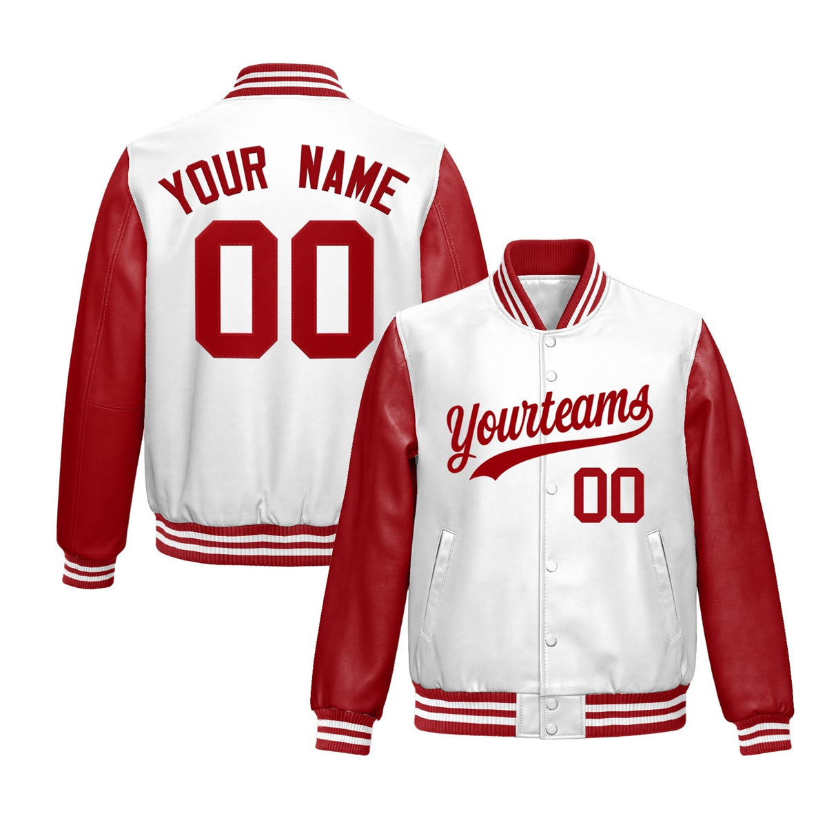 Custom White Red Raglan Sleeves Full-Snap Varsity Faux Leather Letterman Jacket