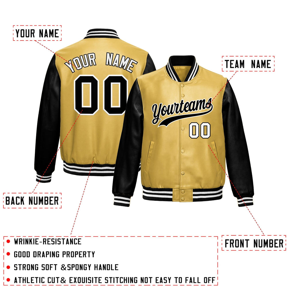 Custom Khaki Black Raglan Sleeves Full-Snap Varsity Faux Leather Letterman Jacket
