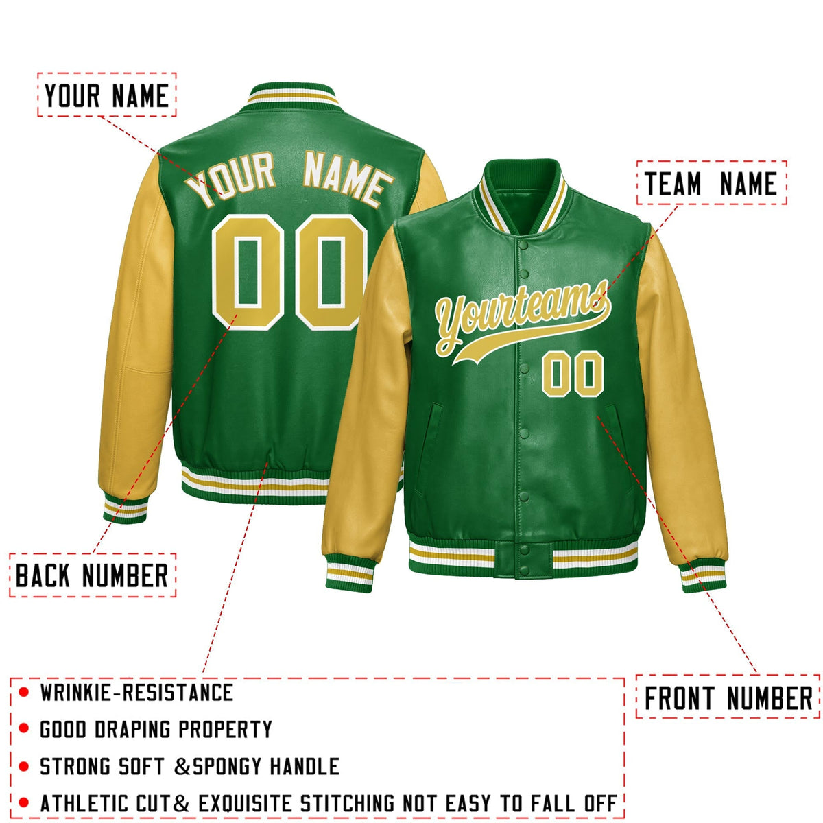 Custom Kelly Green Khaki Raglan Sleeves Full-Snap Varsity Faux Leather Letterman Jacket