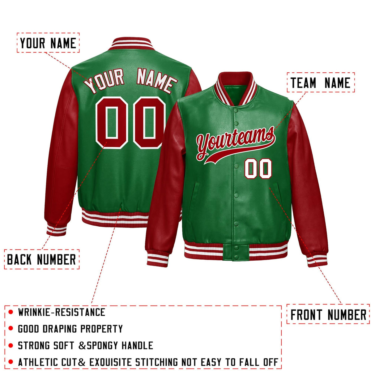 Custom Kelly Green Red Raglan Sleeves Full-Snap Varsity Faux Leather Letterman Jacket