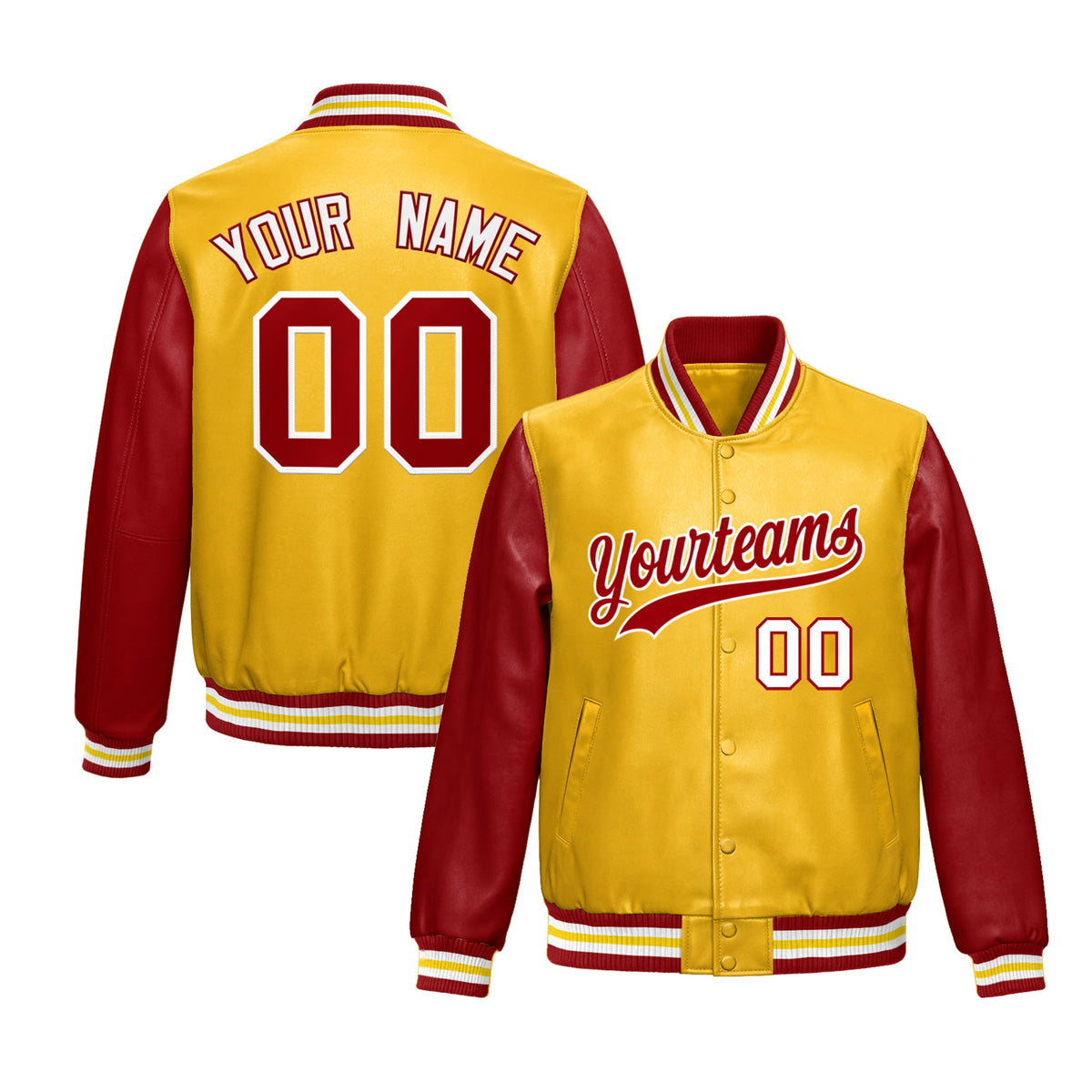 Custom Yellow Red Raglan Sleeves Full-Snap Varsity Faux Leather Letterman Jacket