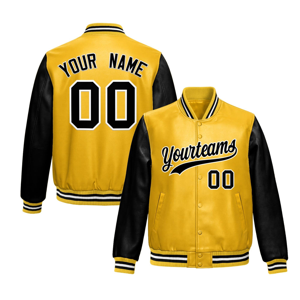 Custom Yellow Black Raglan Sleeves Full-Snap Varsity Faux Leather Letterman Jacket