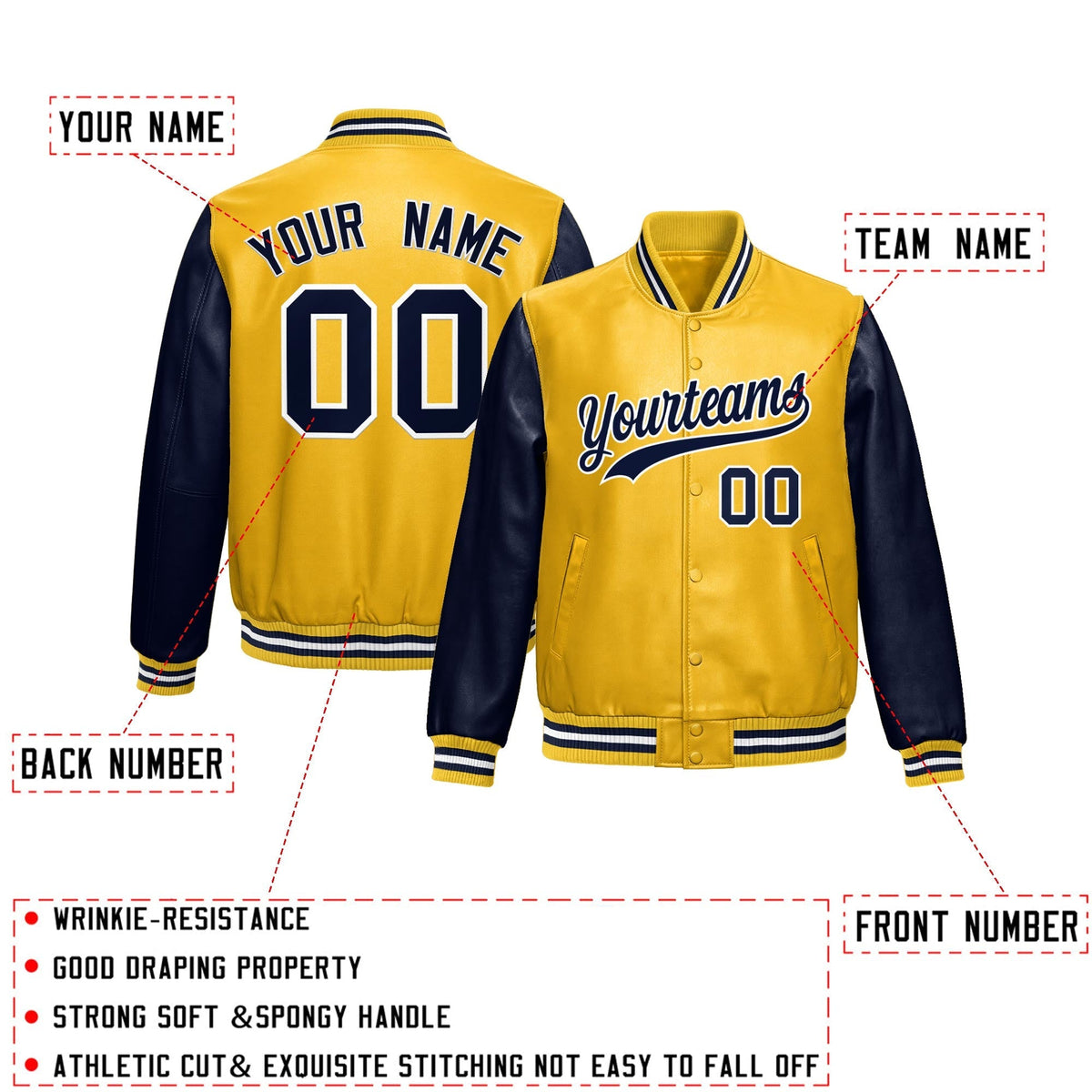 Custom Yellow Navy Raglan Sleeves Full-Snap Varsity Faux Leather Letterman Jacket