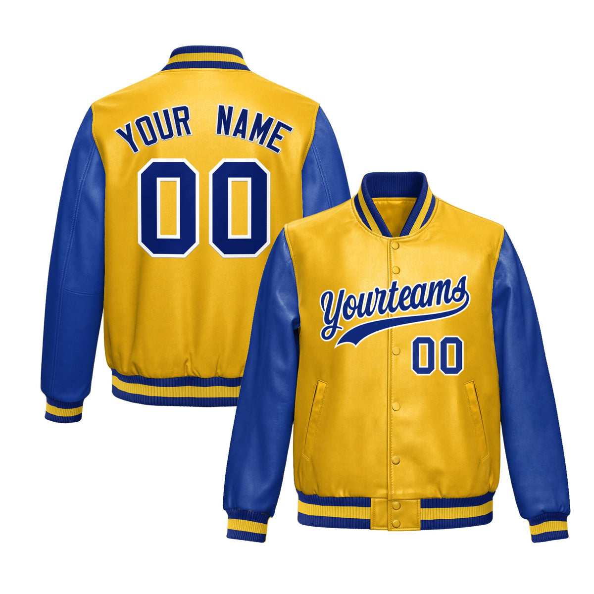 Custom Yellow Royal Blue Raglan Sleeves Full-Snap Varsity Faux Leather Letterman Jacket