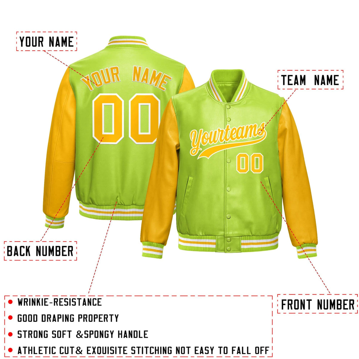 Custom Neon Green Yellow Raglan Sleeves Full-Snap Varsity Faux Leather Letterman Jacket