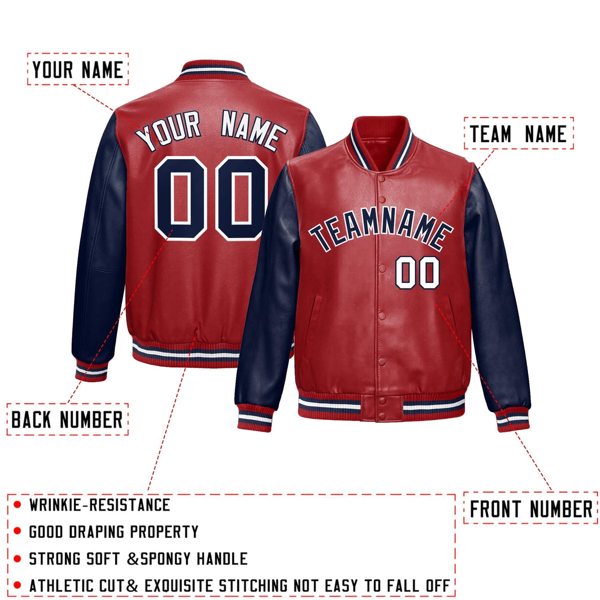 Custom Red Navy Raglan Sleeves Full-Snap Varsity Faux Leather Letterman Jacket