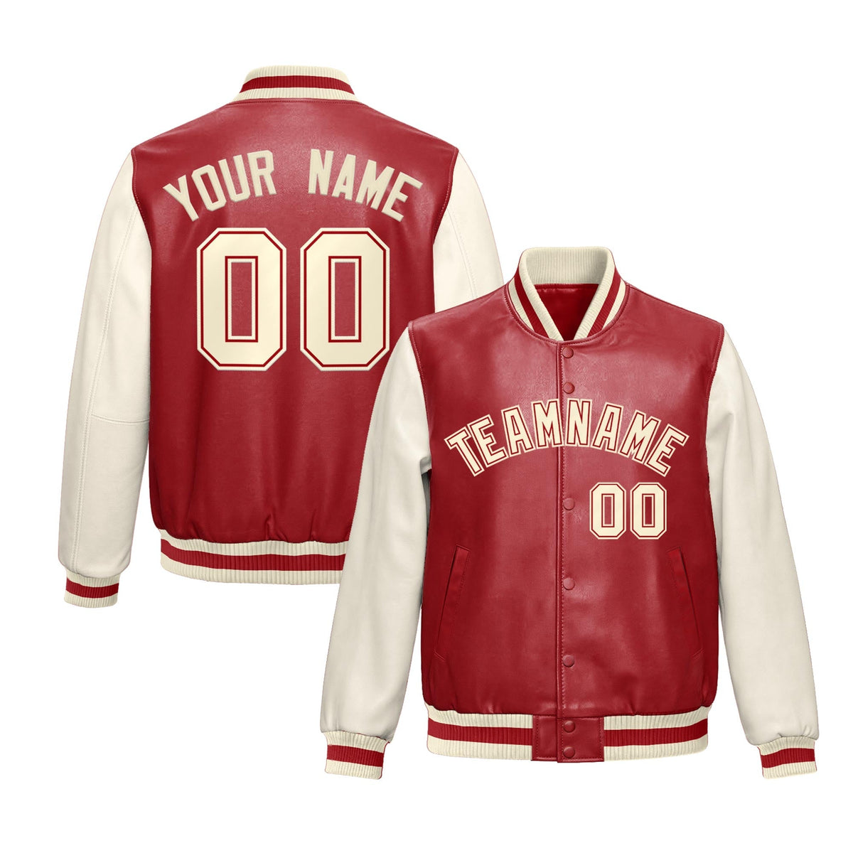 Custom Red Cream Raglan Sleeves Full-Snap Varsity Faux Leather Letterman Jacket