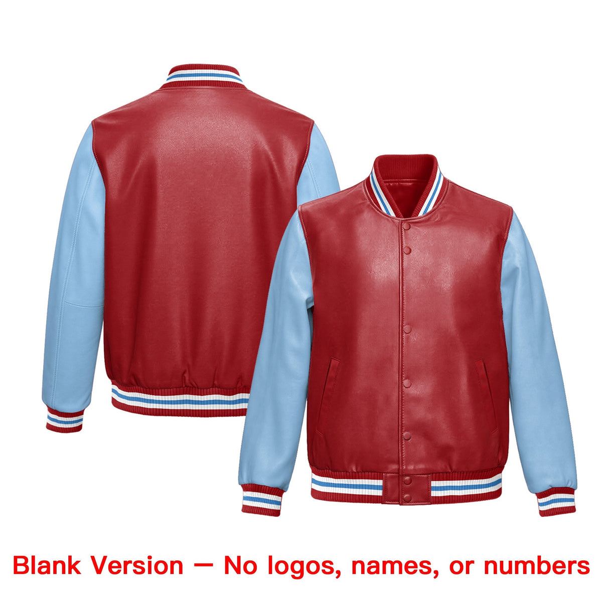 Custom Red Powder Blue Raglan Sleeves Full-Snap Varsity Faux Leather Letterman Jacket