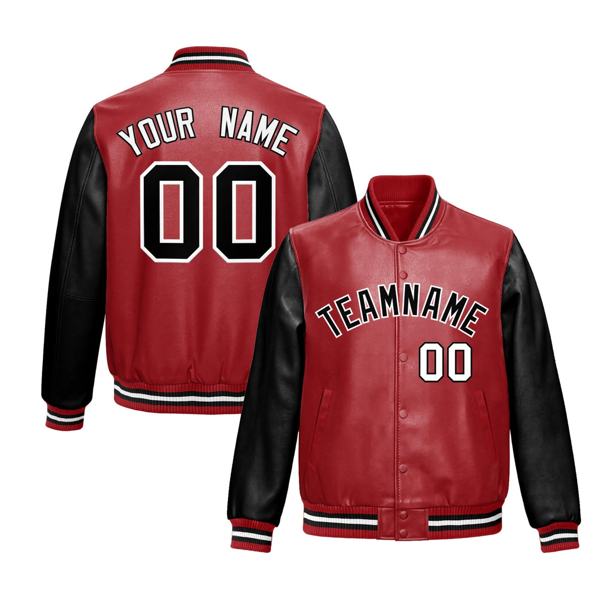 Custom Red Black Raglan Sleeves Full-Snap Varsity Faux Leather Letterman Jacket