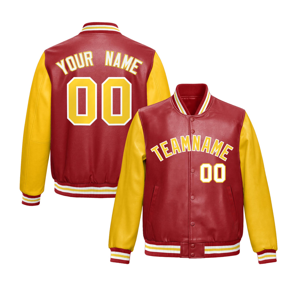 Custom Red Yellow Raglan Sleeves Full-Snap Varsity Faux Leather Letterman Jacket