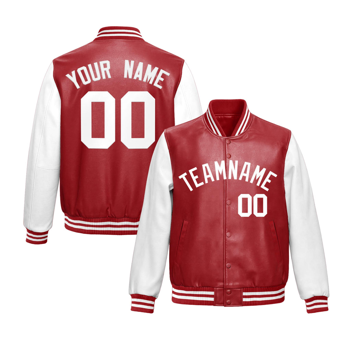 Custom Red White Raglan Sleeves Full-Snap Varsity Faux Leather Letterman Jacket