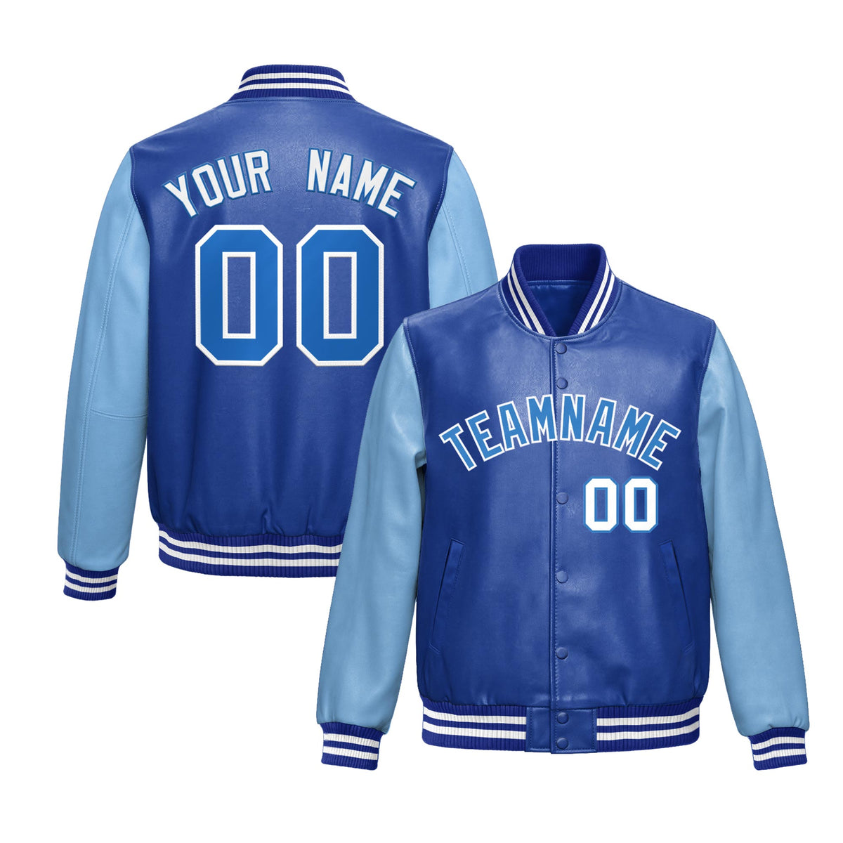 Custom Royal Blue Powder Blue Raglan Sleeves Full-Snap Varsity Faux Leather Letterman Jacket
