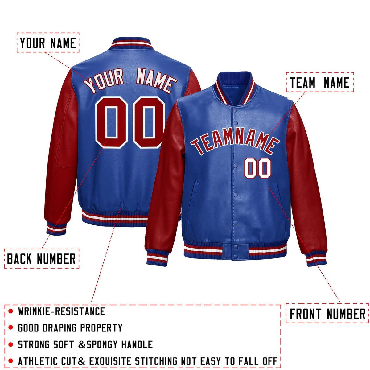 Custom Royal Blue Red Raglan Sleeves Full-Snap Varsity Faux Leather Letterman Jacket