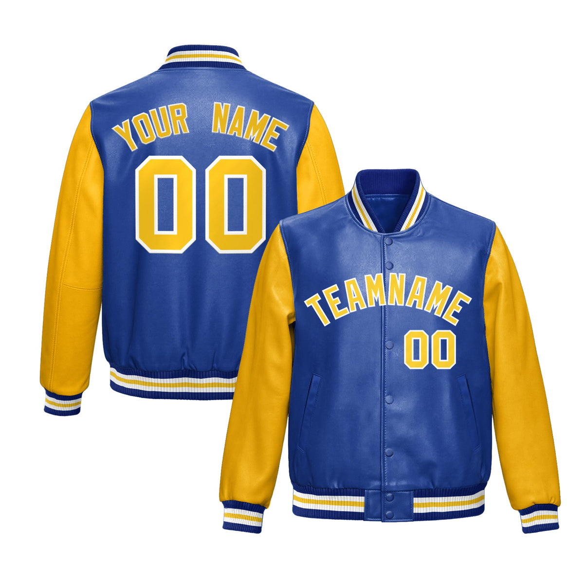 Custom Royal Blue Yellow Raglan Sleeves Full-Snap Varsity Faux Leather Letterman Jacket
