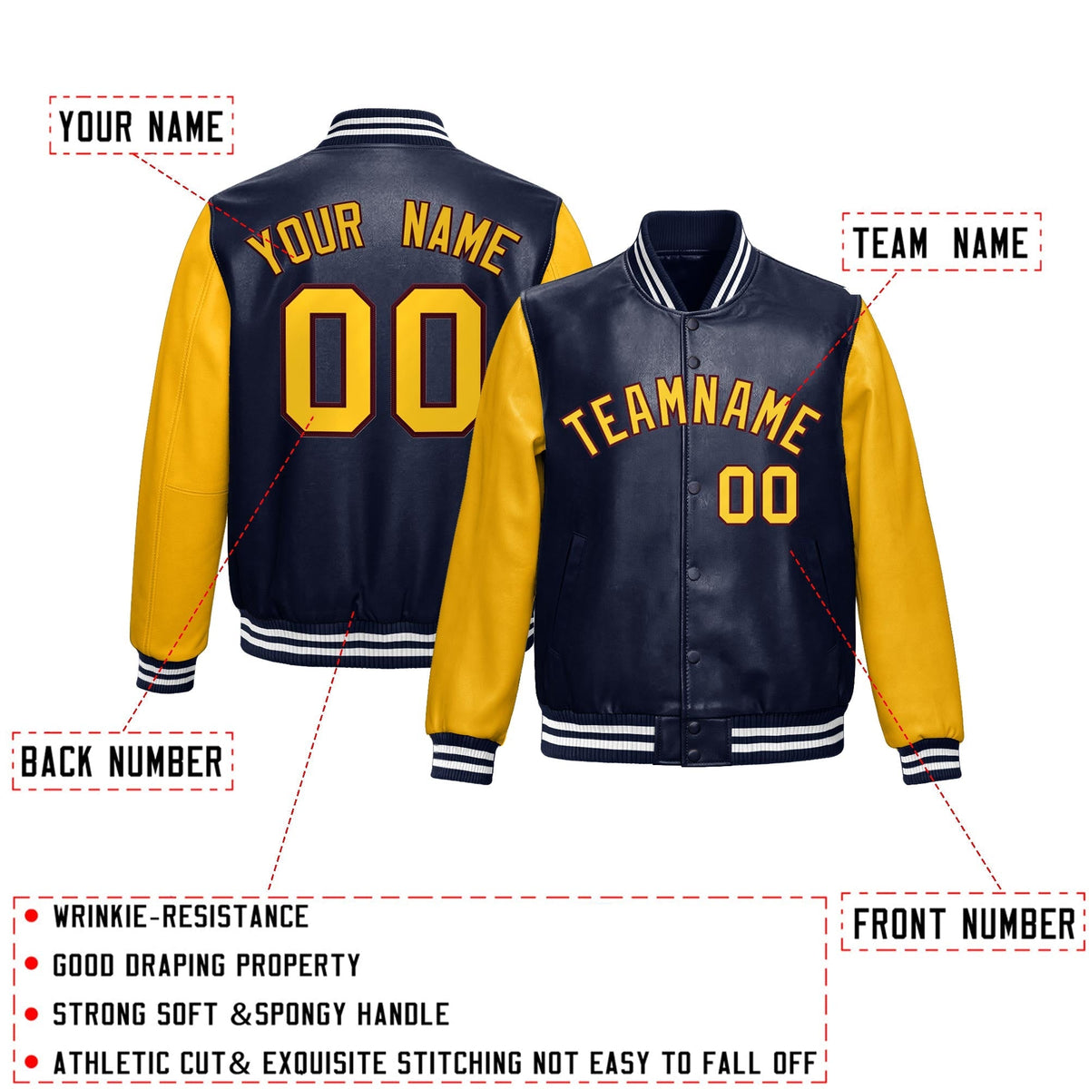Custom Navy Yellow Raglan Sleeves Full-Snap Varsity Faux Leather Letterman Jacket