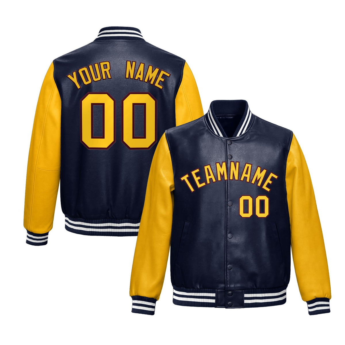 Custom Navy Yellow Raglan Sleeves Full-Snap Varsity Faux Leather Letterman Jacket