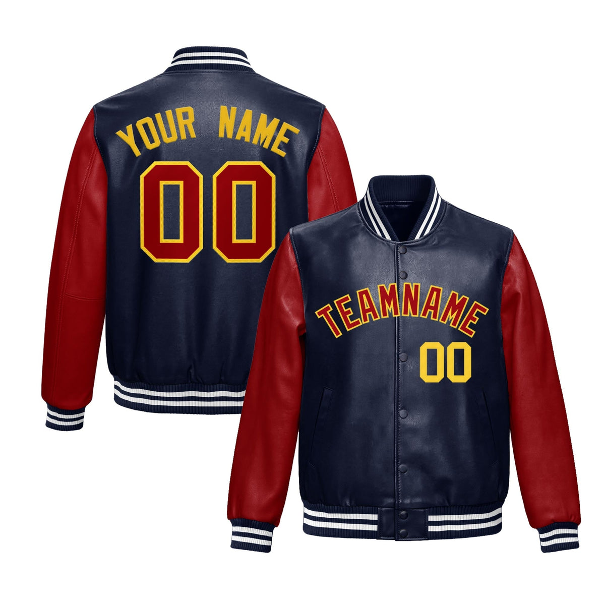Custom Navy Red Raglan Sleeves Full-Snap Varsity Faux Leather Letterman Jacket