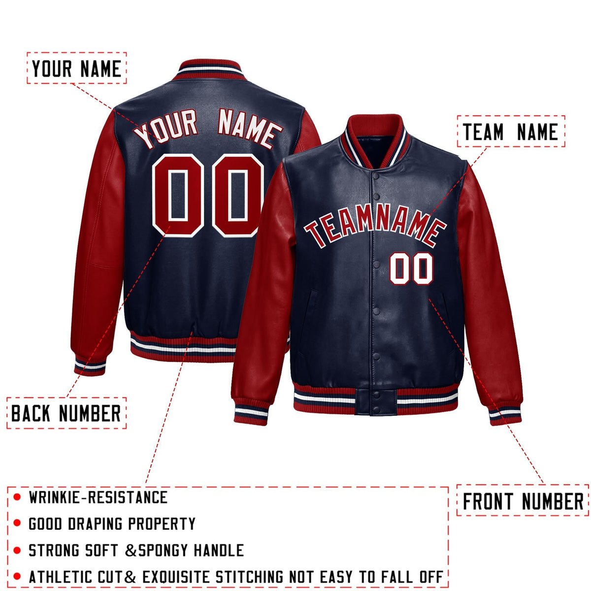 Custom Navy Red Raglan Sleeves Full-Snap Varsity Faux Leather Letterman Jacket