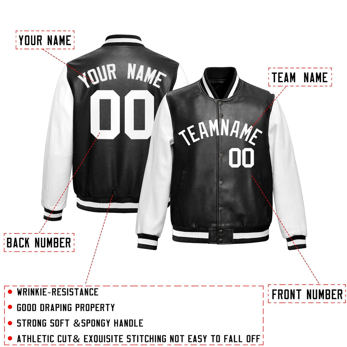 Custom Black White Raglan Sleeves Full-Snap Varsity Faux Leather Letterman Jacket