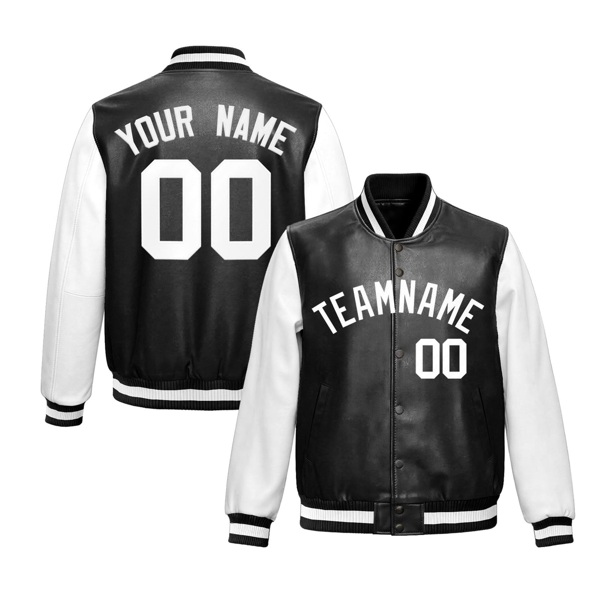 Custom Black White Raglan Sleeves Full-Snap Varsity Faux Leather Letterman Jacket