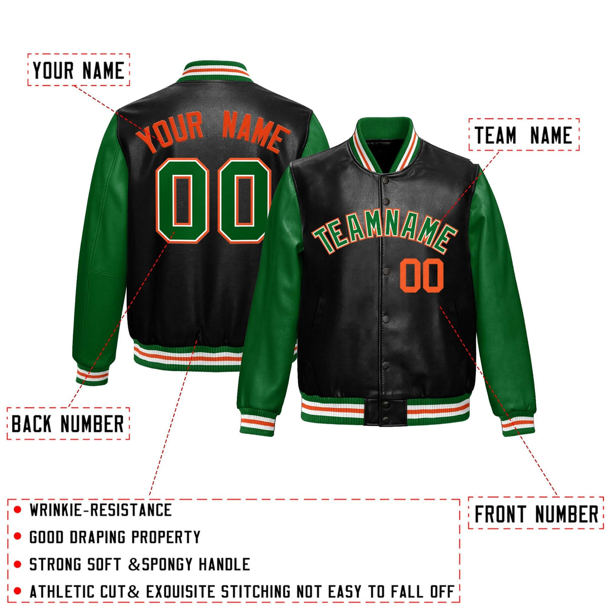 Custom Black Kelly Green Raglan Sleeves Full-Snap Varsity Faux Leather Letterman Jacket