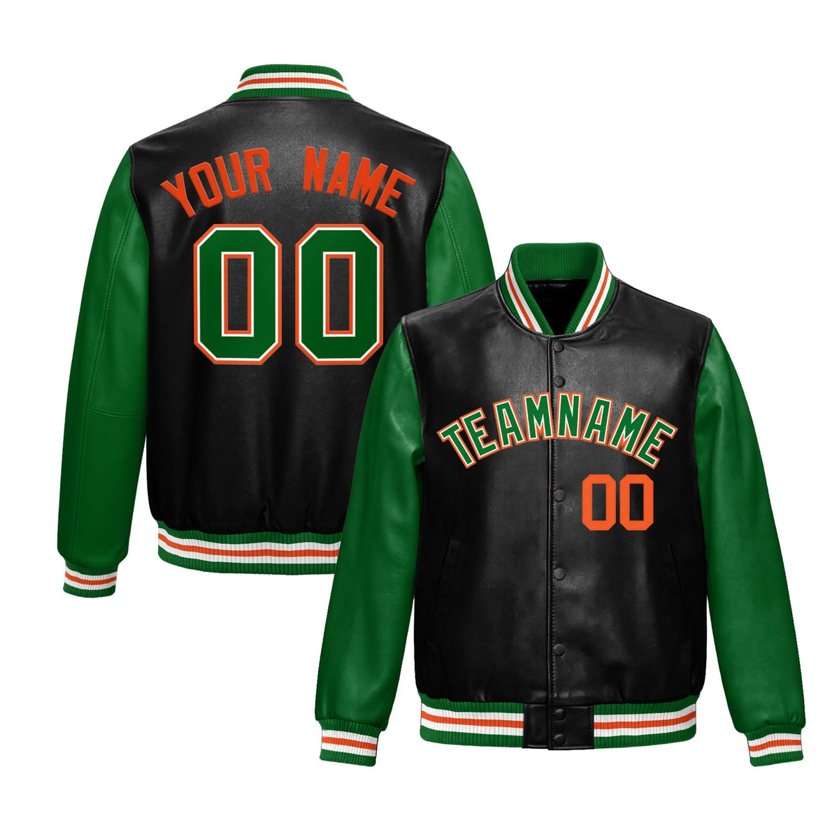 Custom Black Kelly Green Raglan Sleeves Full-Snap Varsity Faux Leather Letterman Jacket