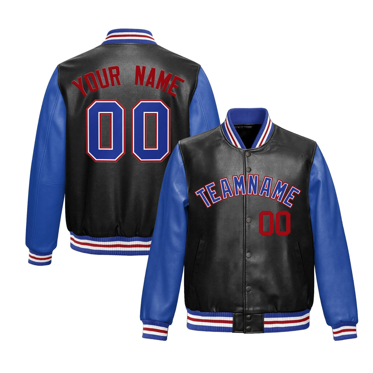 Custom Black Royal Blue Red Raglan Sleeves Full-Snap Varsity Faux Leather Letterman Jacket