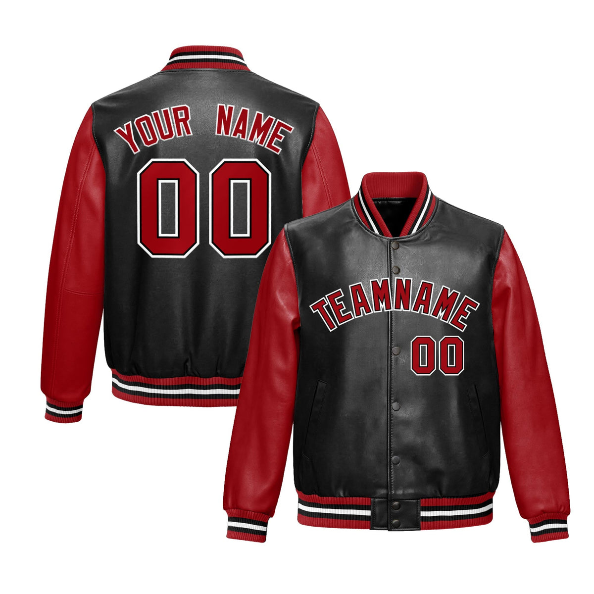 Custom Black Red Raglan Sleeves Full-Snap Varsity Faux Leather Letterman Jacket