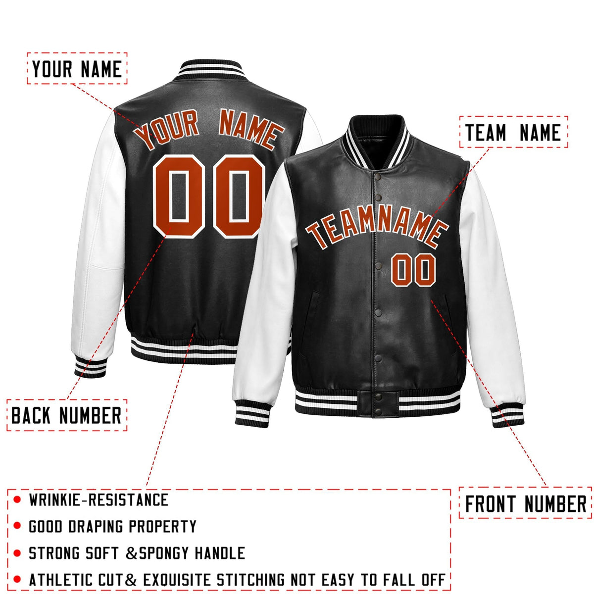 Custom Black White Dark Orange Raglan Sleeves Full-Snap Varsity Faux Leather Letterman Jacket
