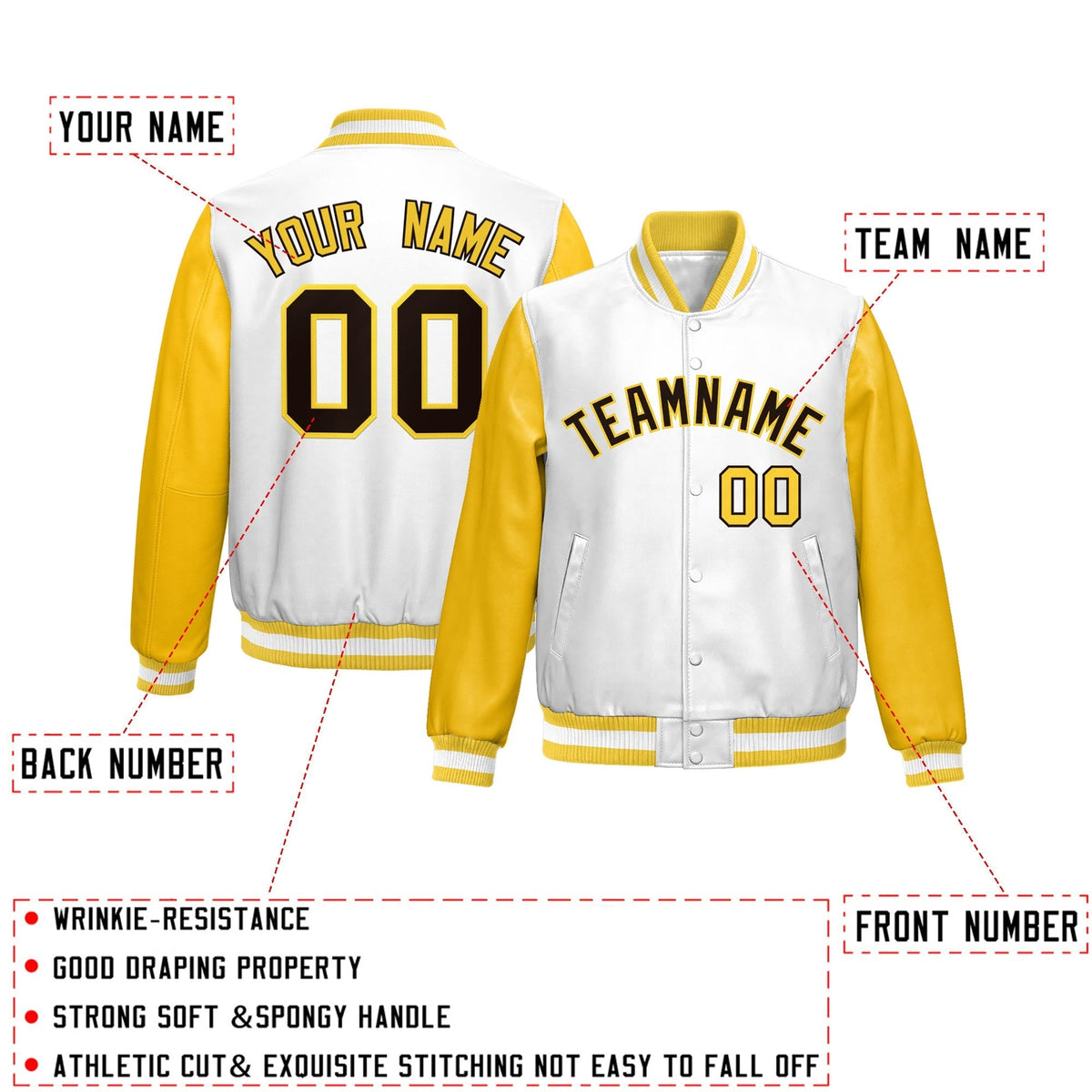 Custom White Yellow Raglan Sleeves Full-Snap Varsity Faux Leather Letterman Jacket