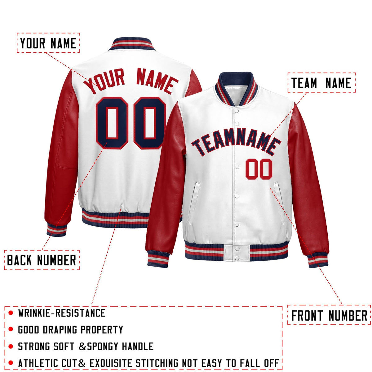 Custom White Red Navy Raglan Sleeves Full-Snap Varsity Faux Leather Letterman Jacket