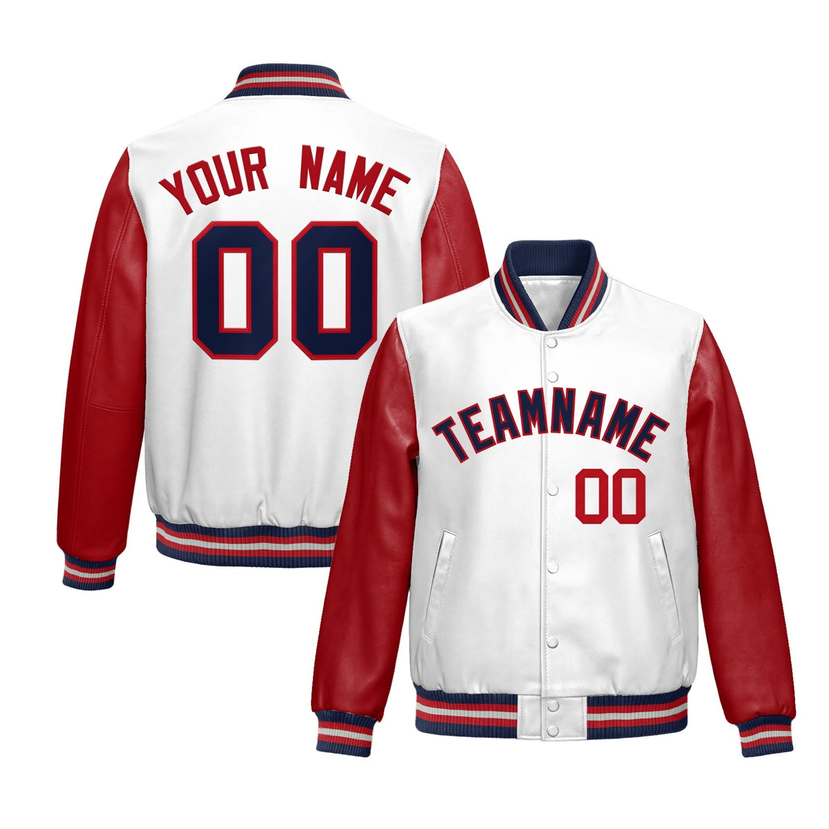 Custom White Red Navy Raglan Sleeves Full-Snap Varsity Faux Leather Letterman Jacket