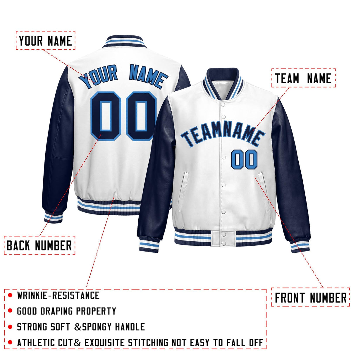 Custom White Navy Raglan Sleeves Full-Snap Varsity Faux Leather Letterman Jacket