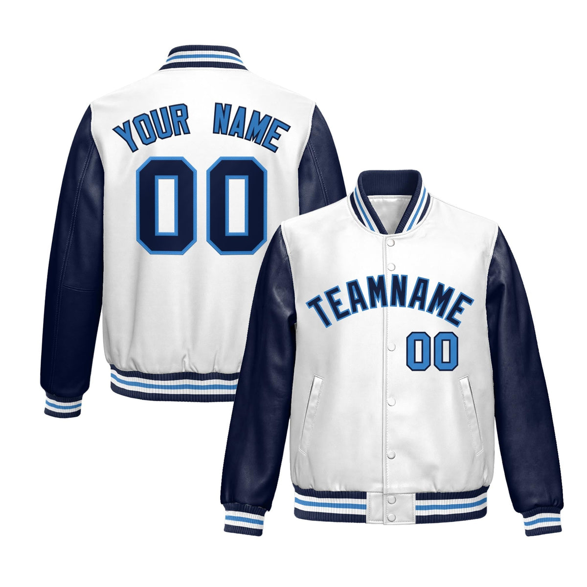Custom White Navy Raglan Sleeves Full-Snap Varsity Faux Leather Letterman Jacket