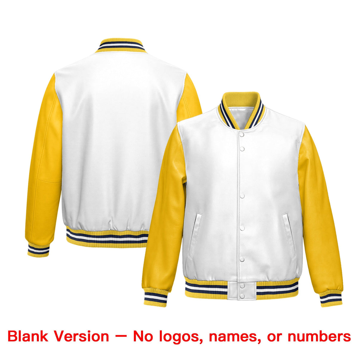 Custom White Yellow Raglan Sleeves Full-Snap Varsity Faux Leather Letterman Jacket