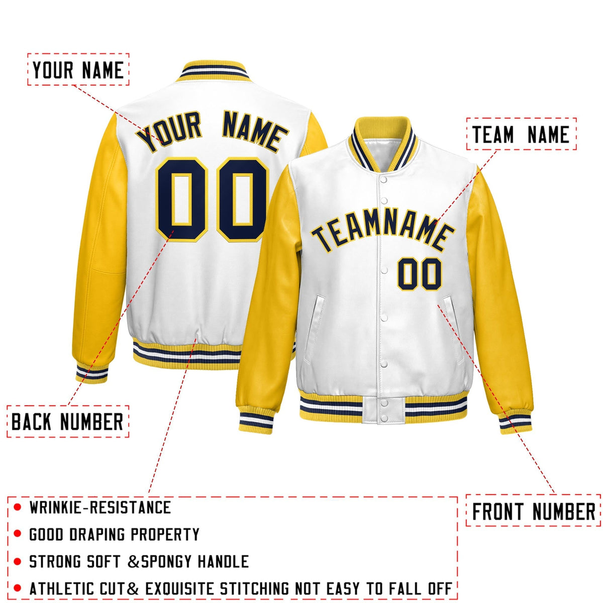 Custom White Yellow Raglan Sleeves Full-Snap Varsity Faux Leather Letterman Jacket