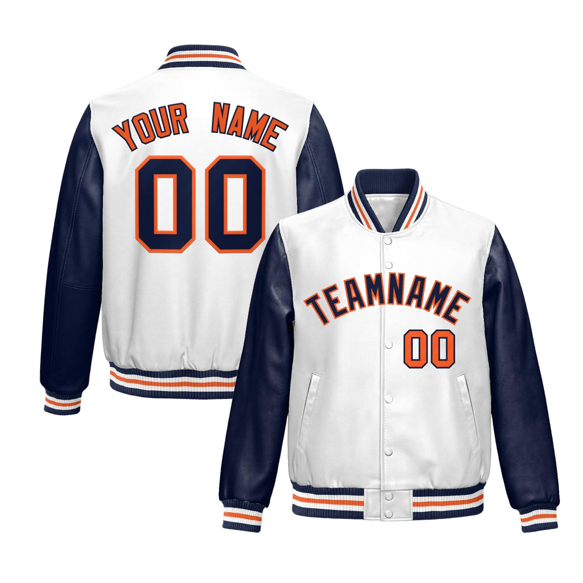 Custom White Navy Raglan Sleeves Full-Snap Varsity Faux Leather Letterman Jacket